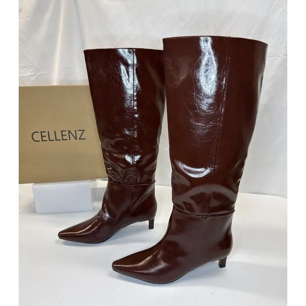 CELLENZ Faux Leather Knee High Boots Pointed Toe Low Kitten Heel Brown Size 8.5